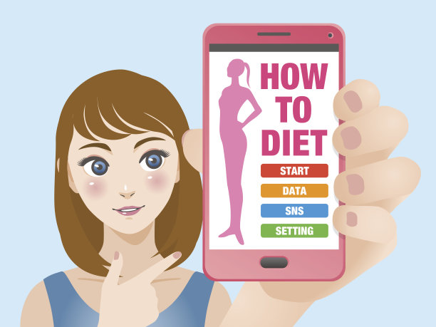 年轻女子手持智能手机，在屏幕上指向饮食应用程序界面，矢量插图图片下载