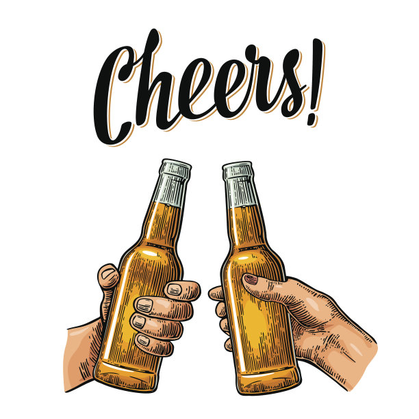 男女手牵着手，相互碰杯啤酒和热红酒。图片下载