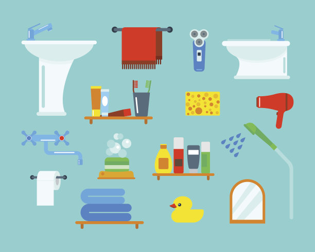 浴室设备图标淋浴平面风格彩色剪辑艺术插图卫生矢量设计图片下载