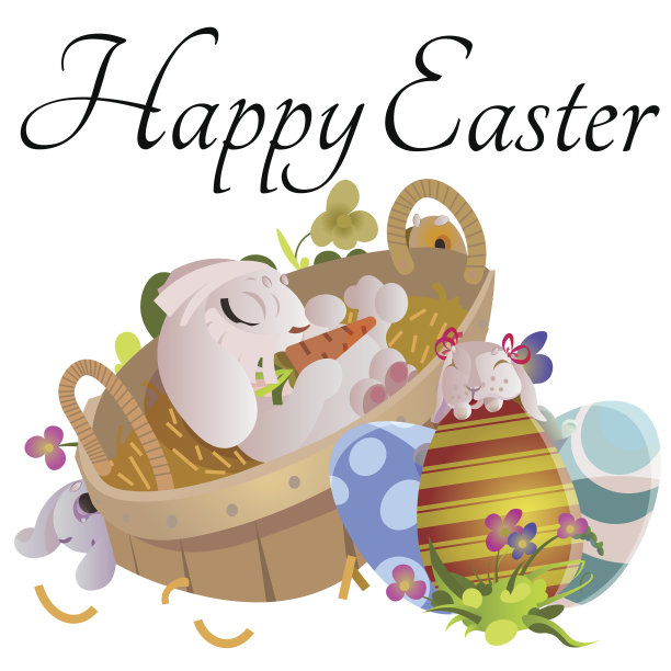复活节巧克力彩蛋狩猎兔子篮子上的绿草装饰鲜花，兔子有趣的耳朵，快乐的春天季节节日传统贺卡横幅收集矢量插图背景图片下载