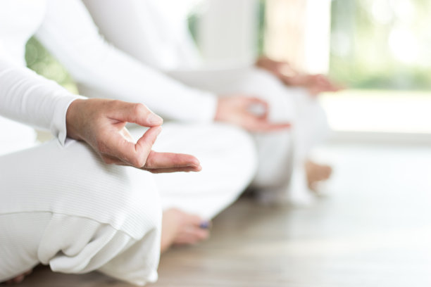 两个女人正以半莲花瑜伽姿势坐着。图片下载