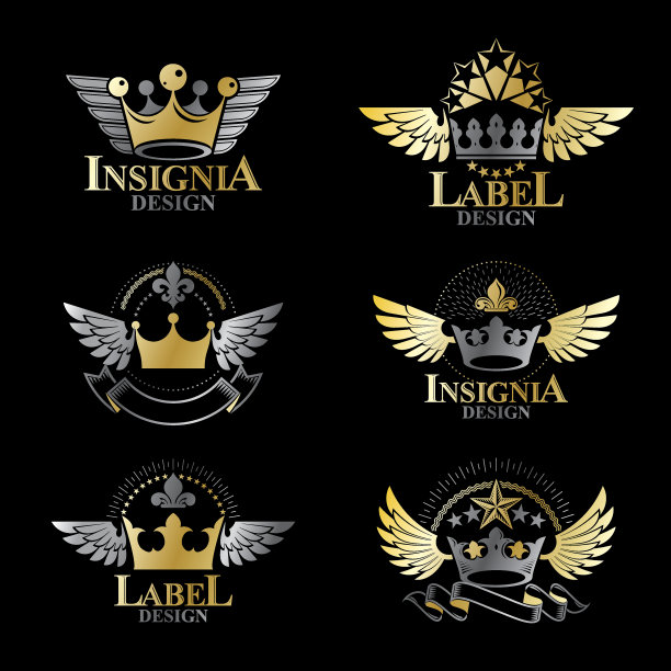 皇家王冠徽章套装。纹章向量设计元素集合。复古风格的标签，纹章标志。图片下载