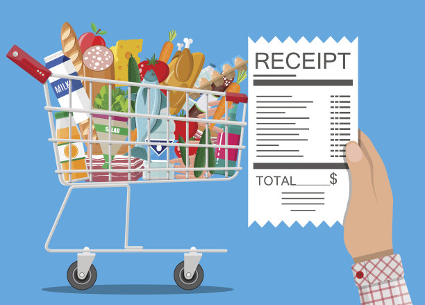 有食物，饮料，收据的购物车素材图片