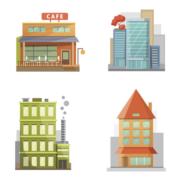 复古和现代城市住宅的平面设计。老建筑,摩天大楼。色彩缤纷的村舍建筑、咖啡厅。图片下载
