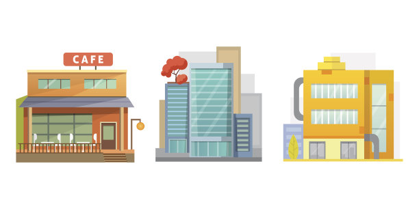 复古和现代城市住宅的平面设计。老建筑,摩天大楼。色彩缤纷的村舍建筑、咖啡厅。图片下载