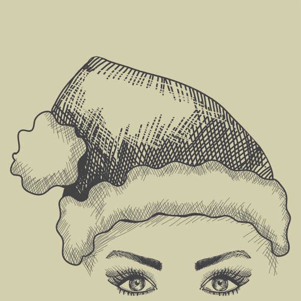 女人戴圣诞老人帽子复古线艺术插图-插图图片下载