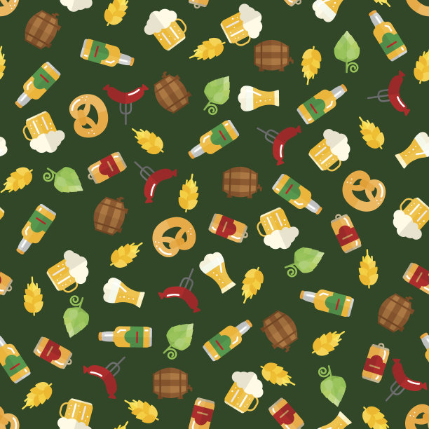 啤酒图标无缝图案(啤酒花枝、木桶、玻璃的图片下载