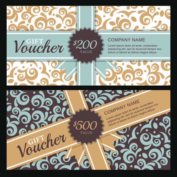 矢量礼品券与复古装饰背景。素材图片