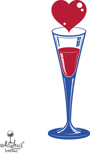 香槟派对高脚杯，红色的爱的心。酒精饮料图片下载