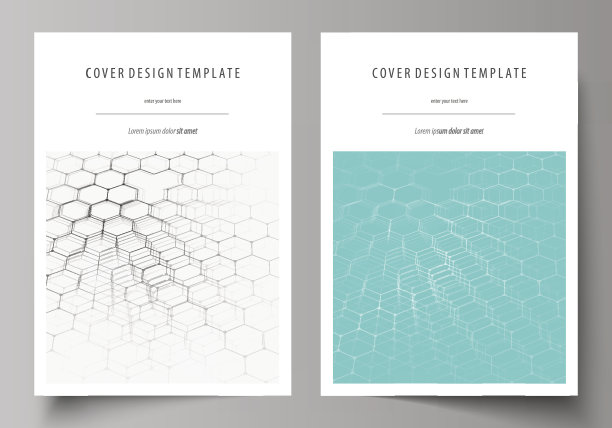 商业手册，传单，小册子，报告模板。封面设计模板，抽象矢量布局A4大小。化学模式，蓝色上的六方分子结构。医学技术的概念图片下载