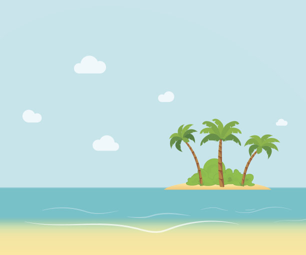 热带海岸，沙滩上挂着棕榈树。大海的景色，绿色的岛屿和天空与大云。平面向量插图。图片下载