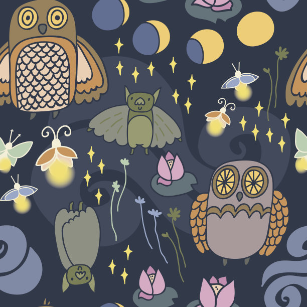 夜猫子和可爱的猫头鹰，蝙蝠，萤火虫，飞蛾有着天衣无缝的图案。图片下载