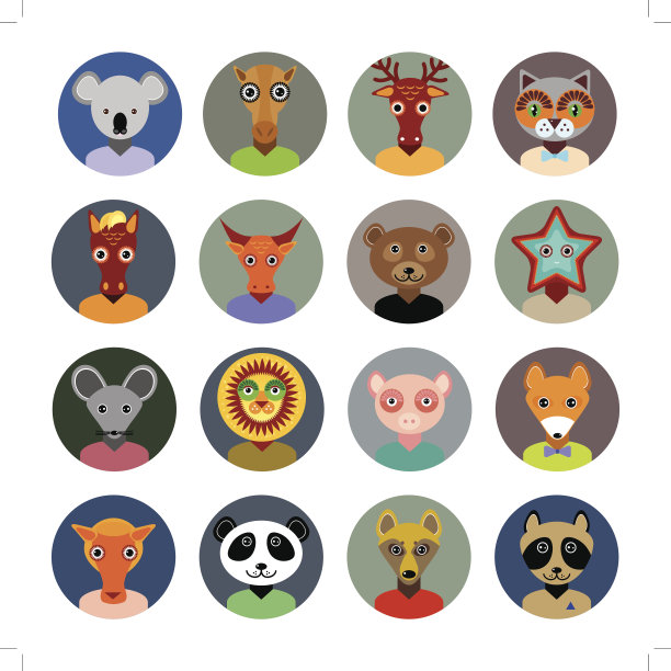 动物面圆形图标设置为平面样式。动物园的信息图表设计。图片下载