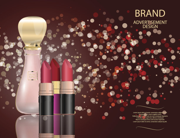 迷人的香水玻璃瓶和红色唇膏设置在闪闪发光的效果背景。图片下载