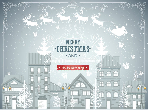 圣诞城市景观，城市冬季背景，复古贺卡，雪花图片下载