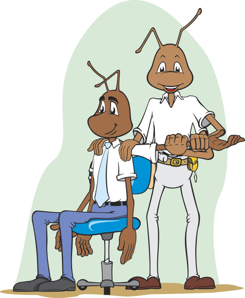 蚂蚁吉祥物在同事身上做伸展运动的插图图片下载