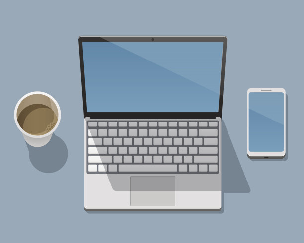 一个商人，程序员，设计师或自由职业者的工作场所，一个笔记本电脑，智能手机和一杯咖啡。从上面的观点图片下载