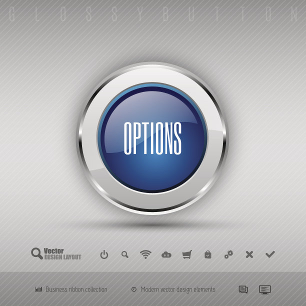 蓝色和灰色光泽按钮与一组图标。图片下载