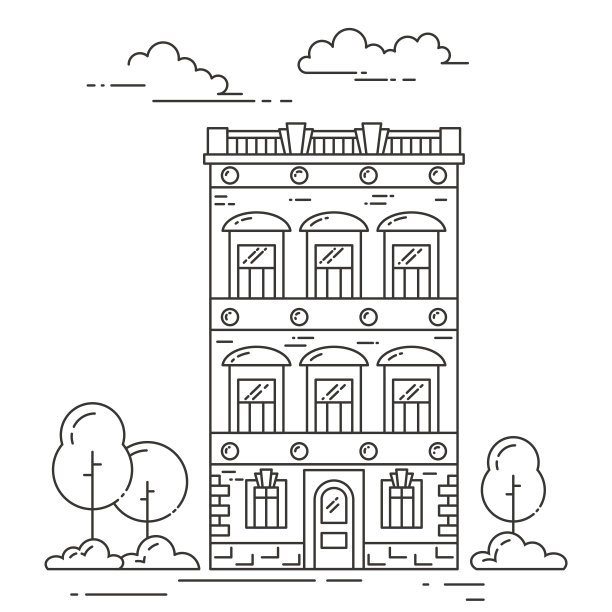 城市景观以房、树、云线条艺术图片下载