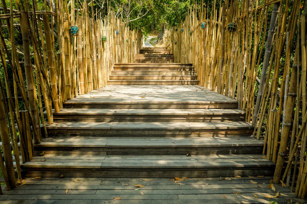 木楼梯、步道、户外徒步小径，通往山顶和竹墙图片下载