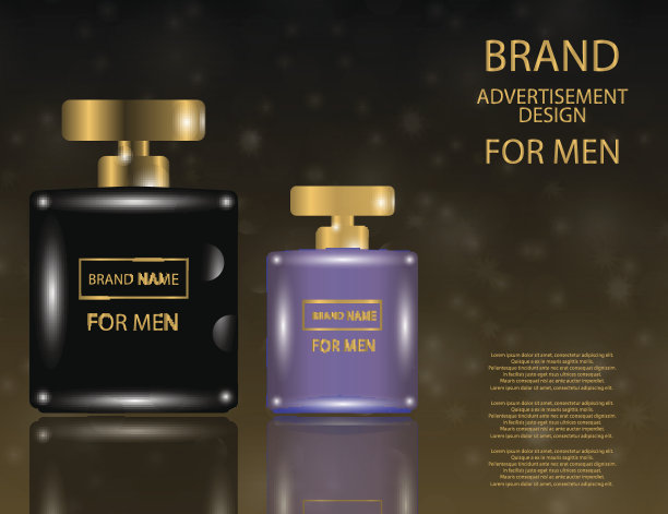 迷人的男士香水包含在一个方形的玻璃瓶在闪闪发光的效果背景。图片下载