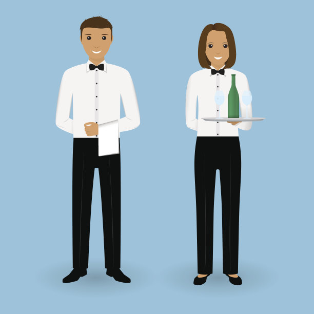 一对男服务员和女服务员端着盘子，穿着制服。餐厅团队概念。餐饮服务人员。素材图片