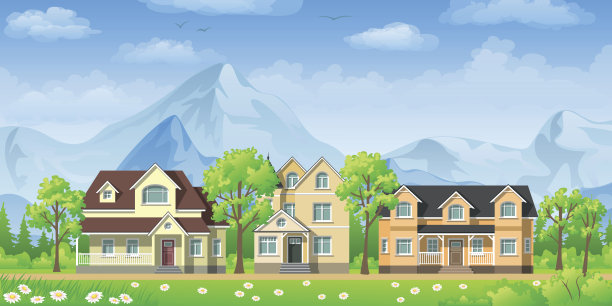 景观有三幢经典的房子图片下载