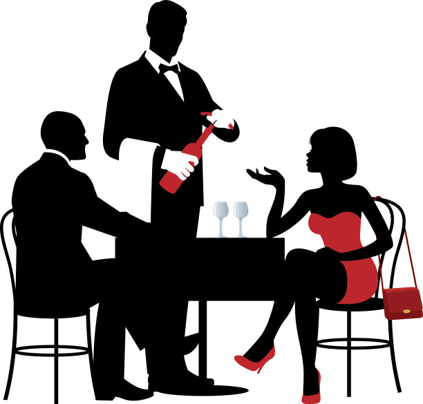 坐在餐厅桌子旁的人和服务员的剪影图片下载
