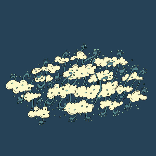 手绘涂鸦插图与云彩和漩涡。黄色和蓝色。图片下载