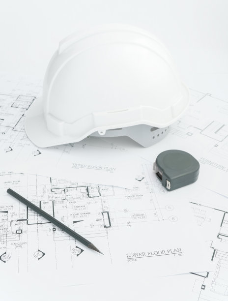 建筑师工作场所-建筑工具，蓝图，头盔，卷尺，建筑概念。工程工具。俯视图图片下载