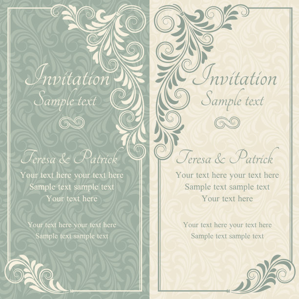 巴洛克式婚礼请柬，蓝色和米色图片下载