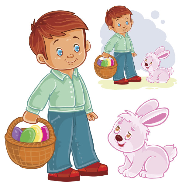 矢量插图的一个小男孩与一个篮子复活节狩猎旁边的复活节兔子。图片下载