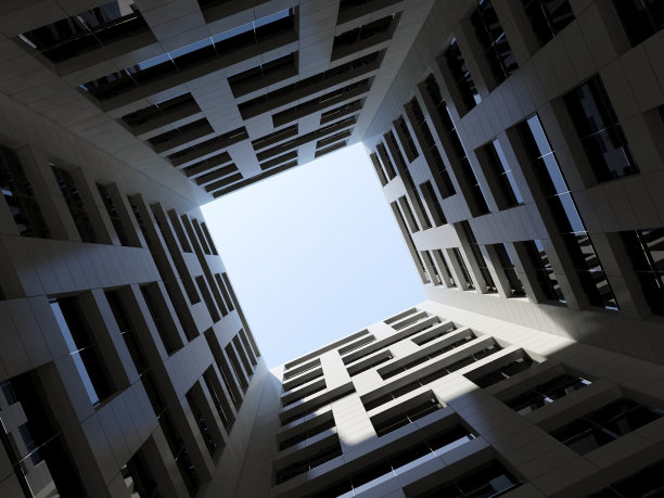 阴暗的内庭院高大的现代办公大楼3d图片下载