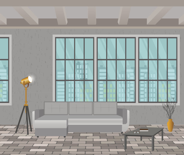 阁楼设计理念。客厅内部时髦的风格，有窗户，沙发，灯具和砖地板。图片下载