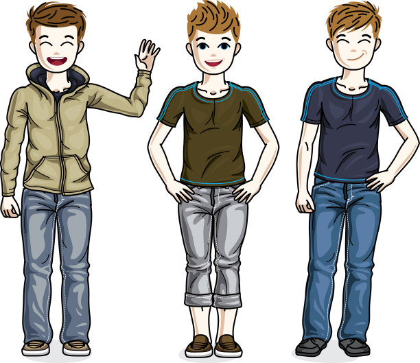 小男孩可爱的孩子们站在时尚的休闲衣服。矢量儿童插图集。图片下载