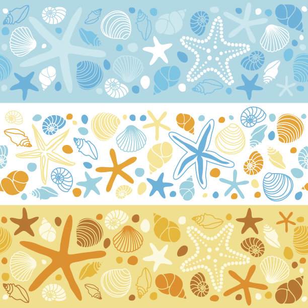 可爱的夏季背景与不同的贝壳和海星作为无缝边界图片下载