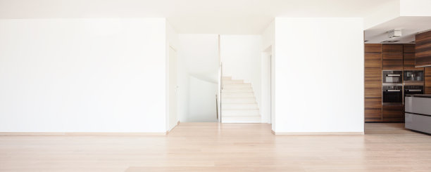 空的白色房间和棕色的厨房图片下载