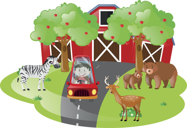 一个孩子开着红色汽车的农场场景图片下载