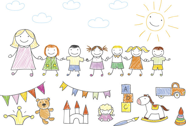 幼儿园老师和孩子们手牵着手在户外散步图片下载