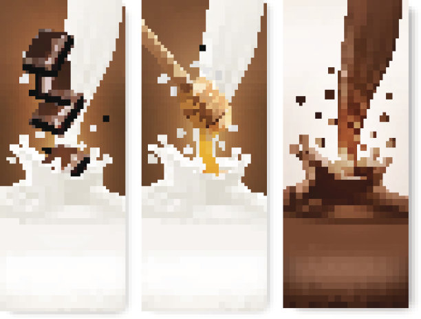 一组巧克力和牛奶飞溅的横幅。向量。图片下载