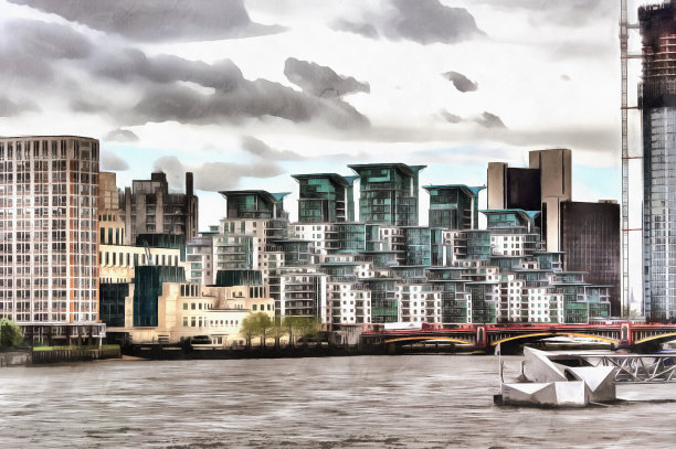 色彩斑斓的城市风景画配以现代建筑图片下载