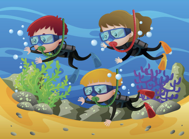 三个孩子在海底潜水图片下载