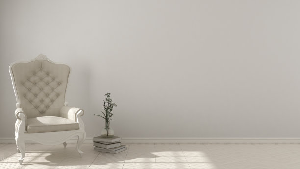 经典的生活背景，白色复古扶手椅，人字形天然拼花地板，室内设计图片下载