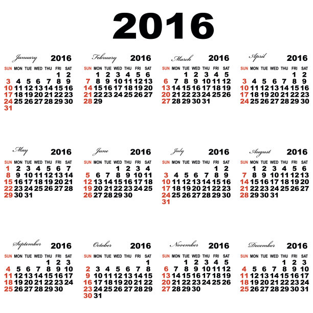 2016年欧洲日历。图片下载