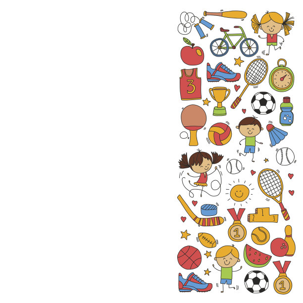 儿童运动健身足球排球网球篮球自行车跑步奖棒球儿童运动为男孩和女孩矢量模式图片下载