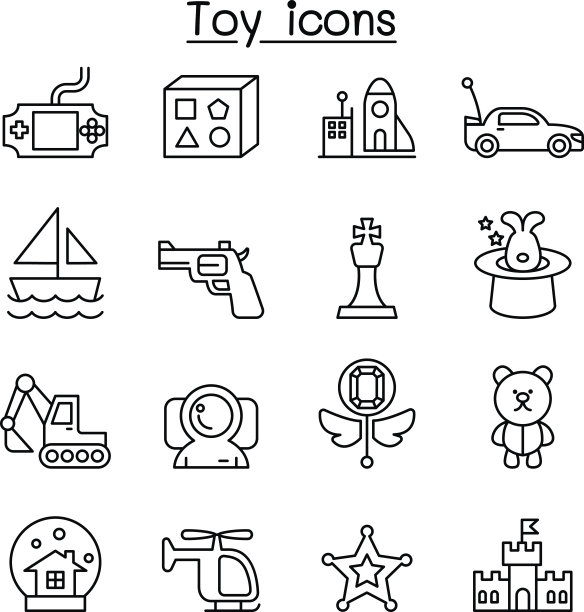 玩具图标设置在细线风格图片下载