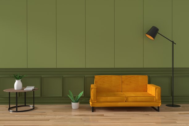 室内设计以绿色墙壁为背景的长沙发、植物和灯具为3D渲染图片下载