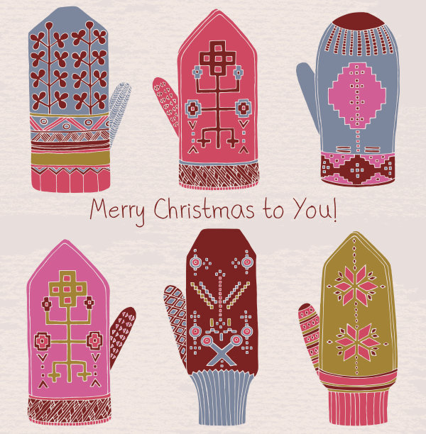 冬天的手套。圣诞快乐卡。图片下载