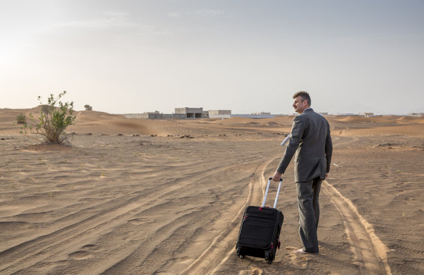 在沙漠中携带手提箱的商人图片下载