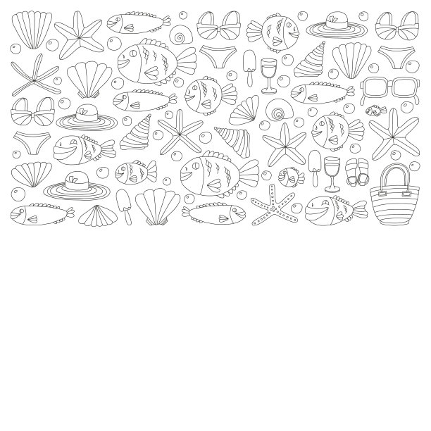 矢量涂鸦图片的海滩度假和热带海洋生活图片下载